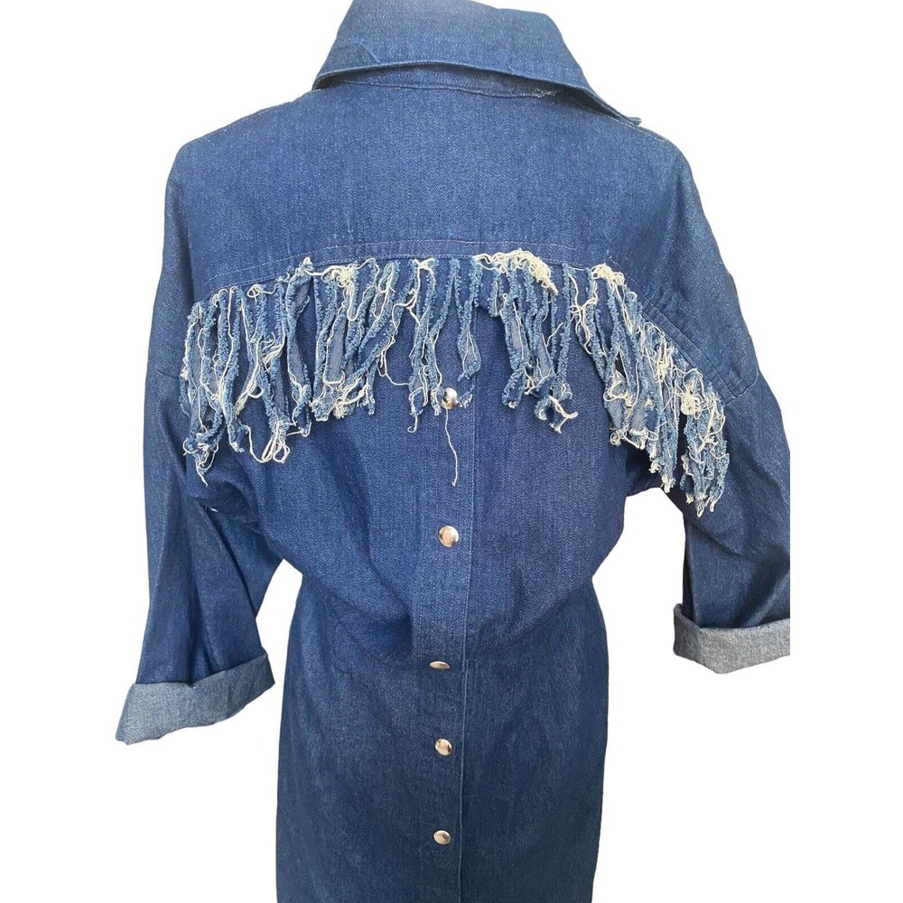 Denim Dress Fringe Western Snap Back Straight Wriggle 4 Small VTG Cowgirl 80s‎ - Picture 4 of 9